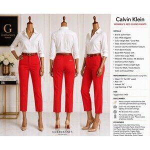Calvin Klein Womens  Red Chino Pants Size W 30 Cropped Stretch Cotton Career